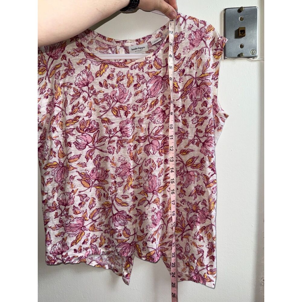 Haute Hippie Style 100% Linen Floral Tank Top Small Pink Orange Button Back - Picture 9 of 9